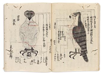 (JAPAN -- HUNTING.) Illustrated manuscript album of falconry, trapping, and butchering techniques.